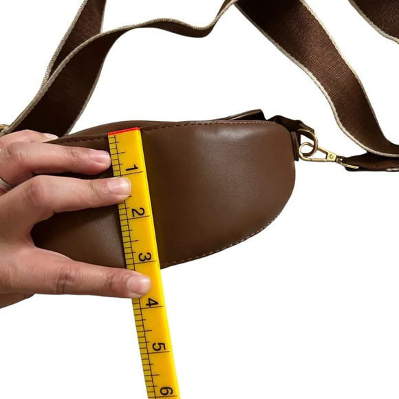 Vegan Leather Crescent Shoulder handbag with Adjustable Guitar Strap Brown - Picture 9 of 10